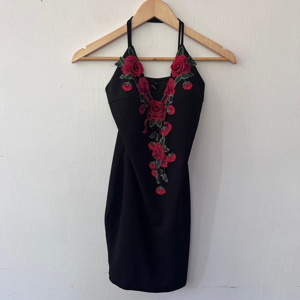 Windsor Mini Dress Women Small Black Floral Rose Embroidery Gothic Dark Romantic
